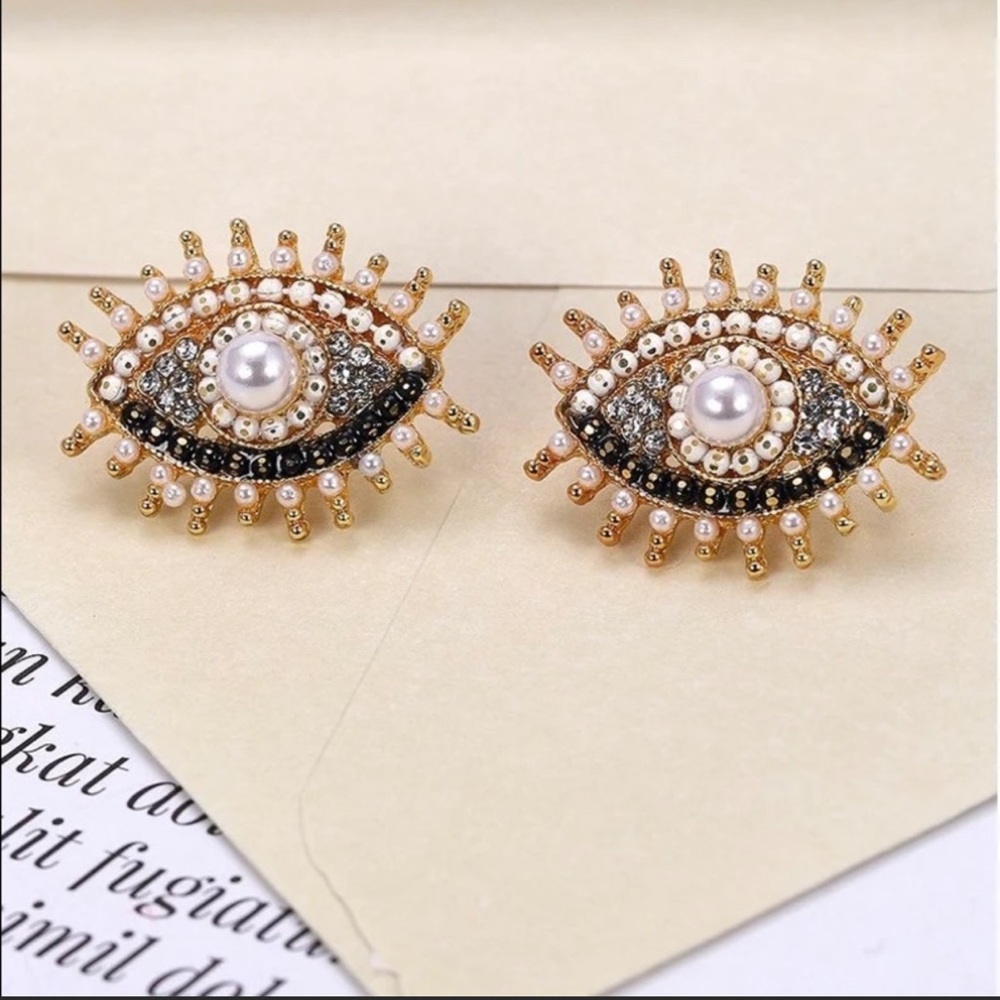 Evil Eye Stud Earrings white pearls and black studs